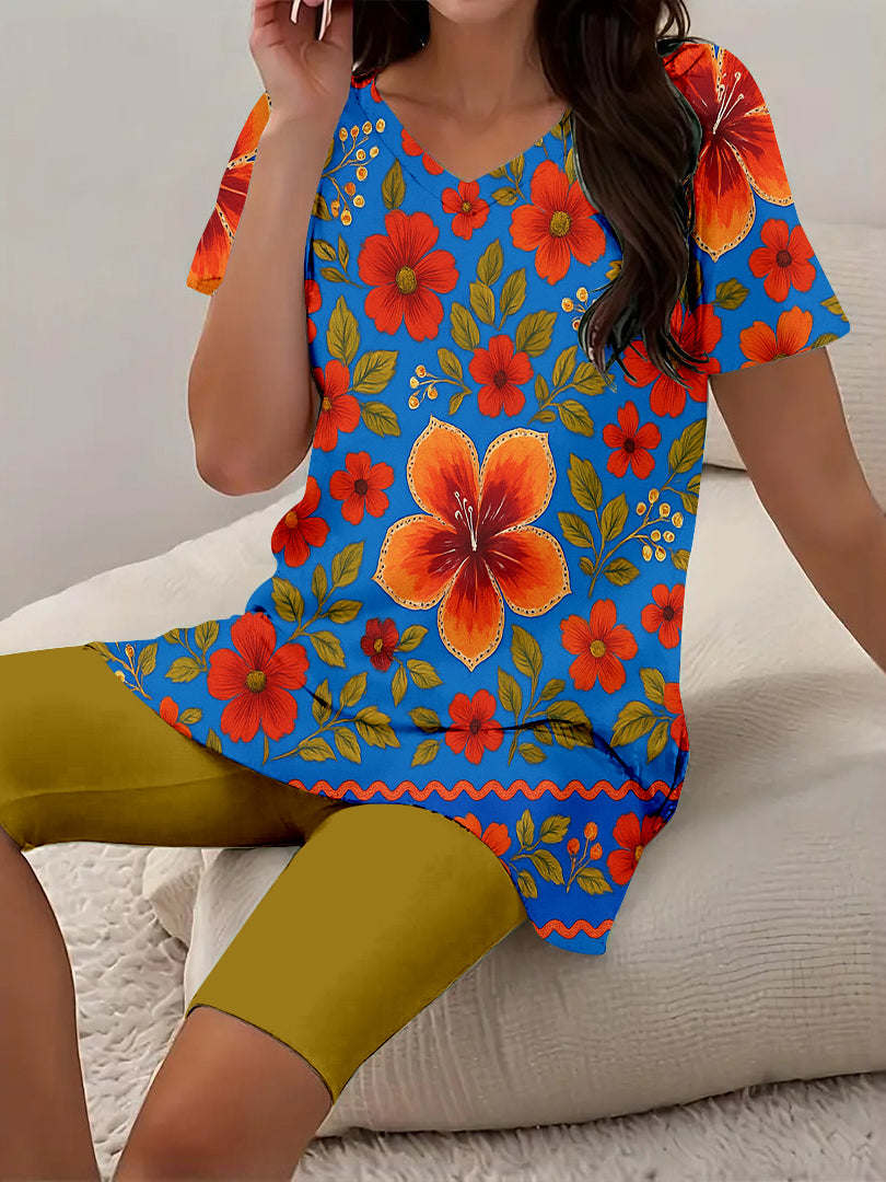 Women Long Sleeve V-neck Graphic Floral Printed Top