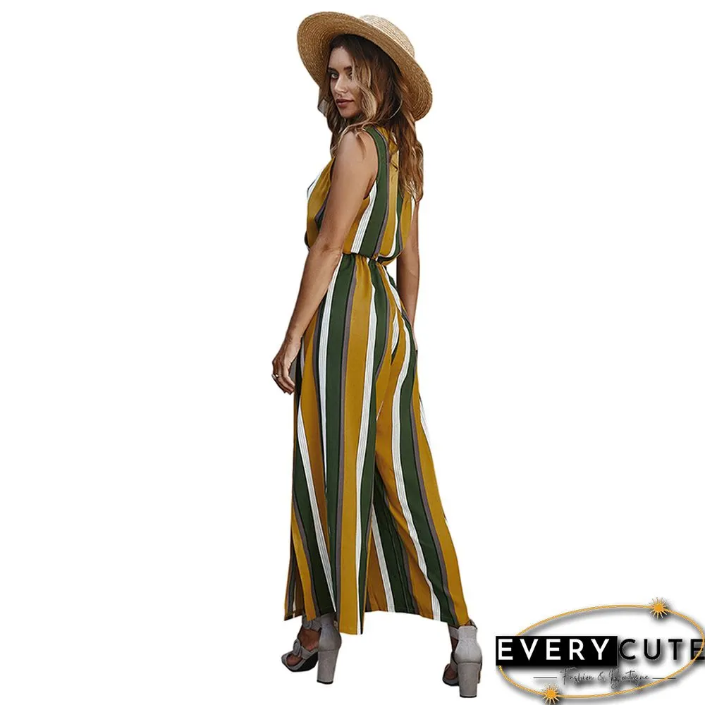 Yellow Stripe Wide Leg Split Casual Jumpsuit