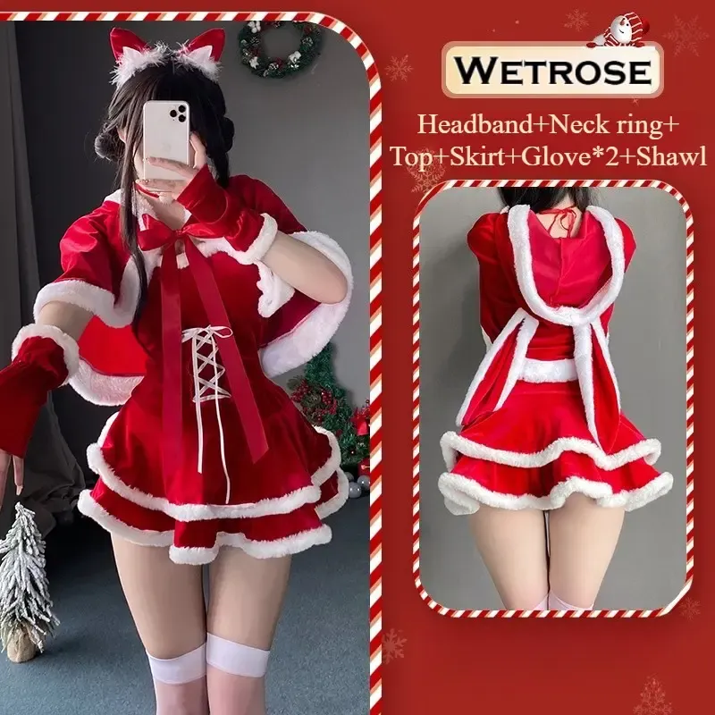 [Wetrose] In Stock Christmas Santa Red Velvet Tiered Dress with Cape Cat Ear Headband Party Outfit Cosplay Costume Xmas