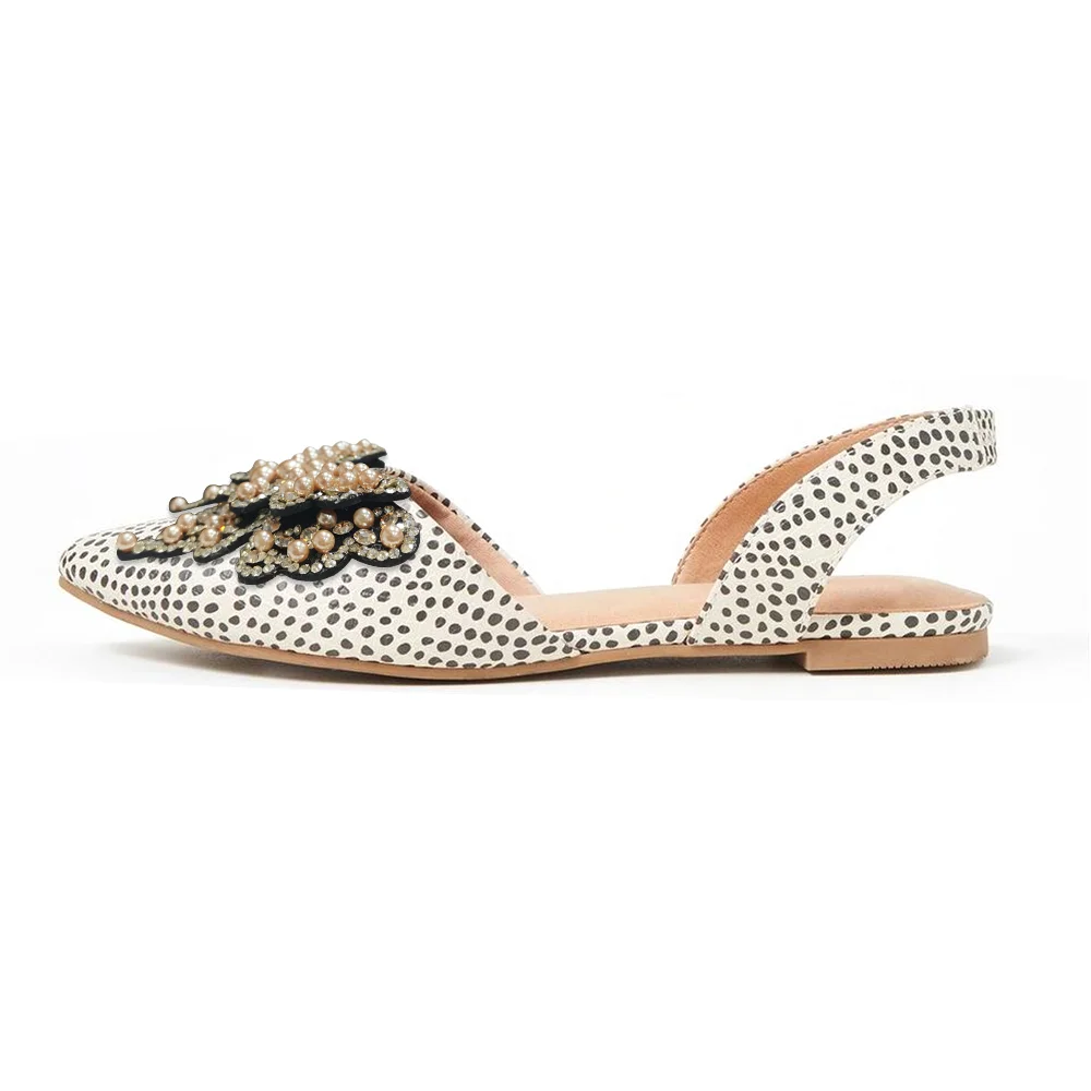 Nude Pointed Toe Polka Dots Slingback Mules With Pearl Butterfly Decor Flats Nicepairs