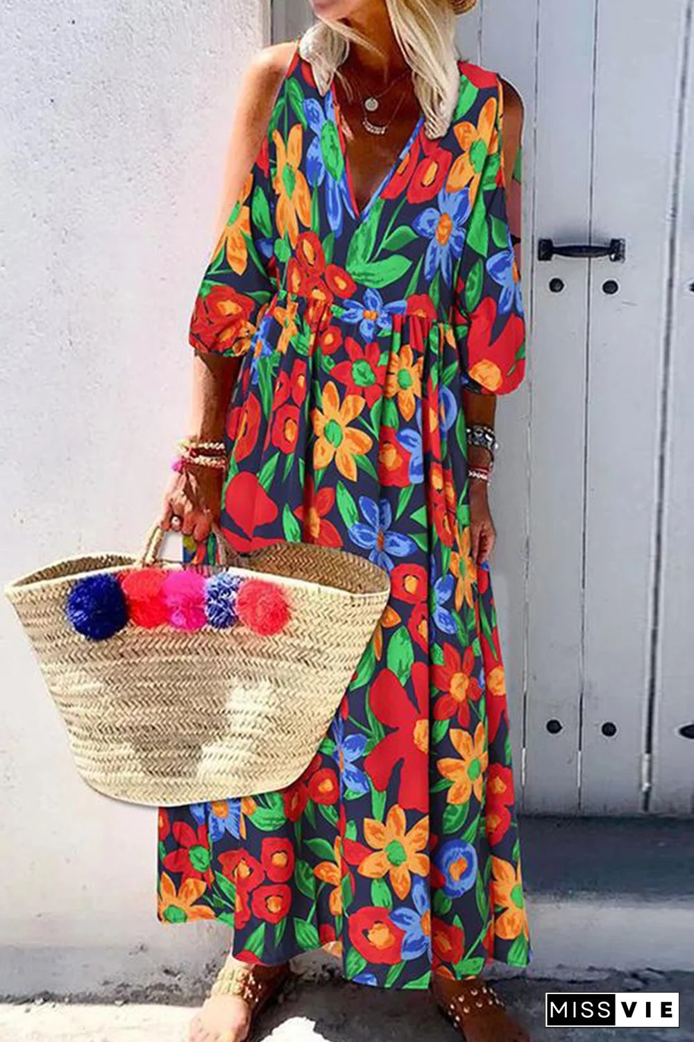 Fashion Print Patchwork V Neck Cake Skirt Dresses