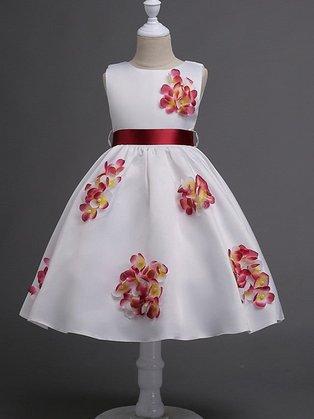 Oknass Ball Gown Knee Length Flower Girl Dress Satin Sleeveless Jewel Neck With Sash Ribbon Bow  Flower