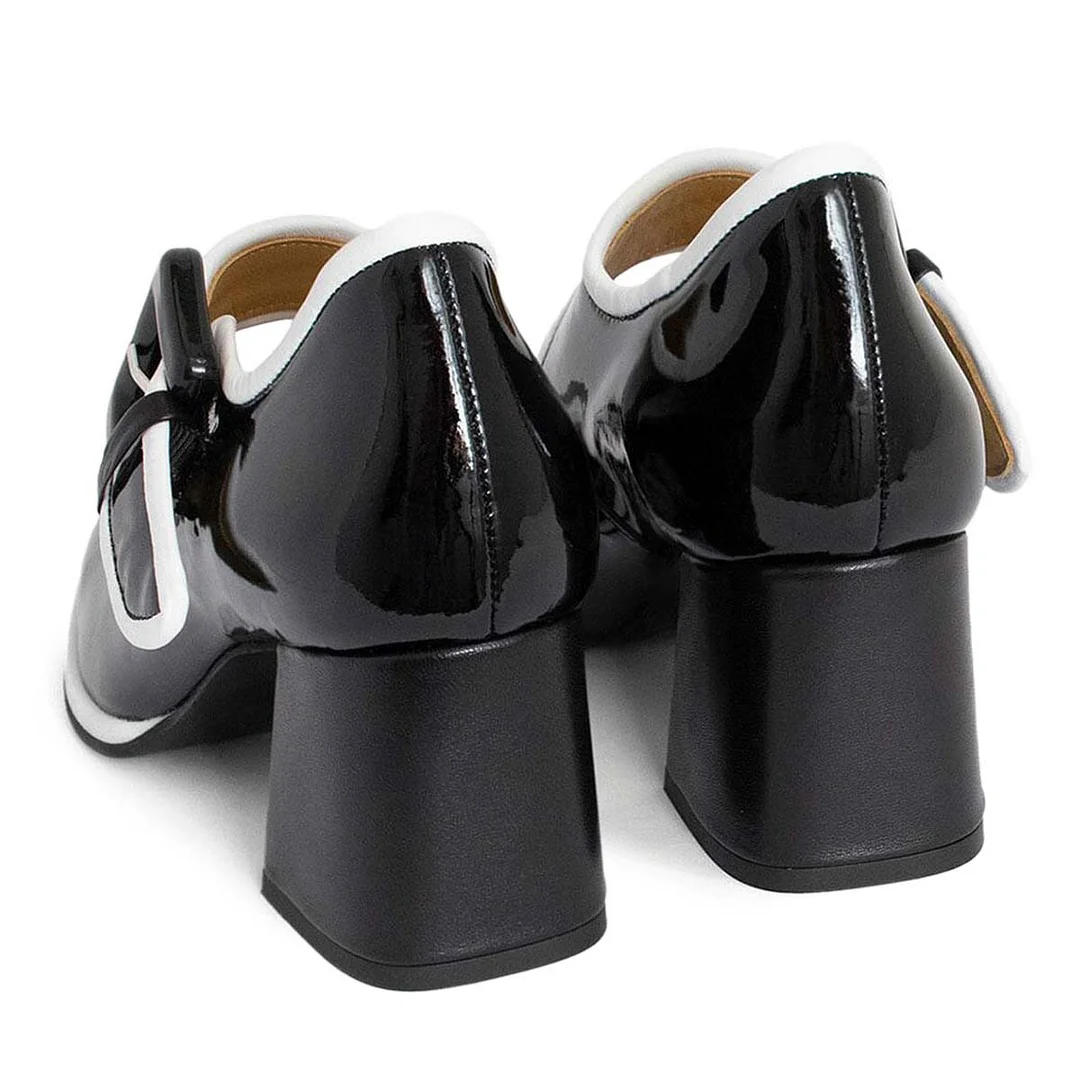 Classic Black Mid Block Heel Buckled Mary Jane Shoes for Women