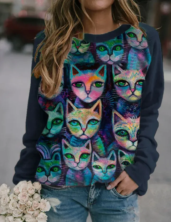 Womens Cute Black Cat Print Crew Neck Casual Trendy T-Shirt Top