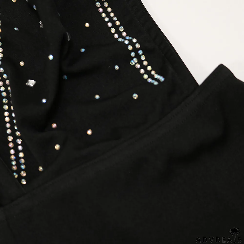 Hot Drilling V Neck Halter Romper+Tassel Skirt 2 Piece Sets