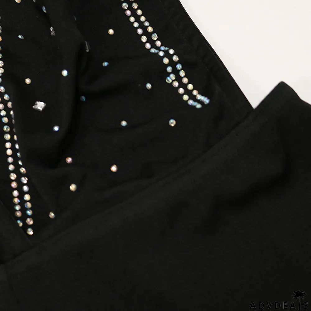 Hot Drilling V Neck Halter Romper+Tassel Skirt 2 Piece Sets