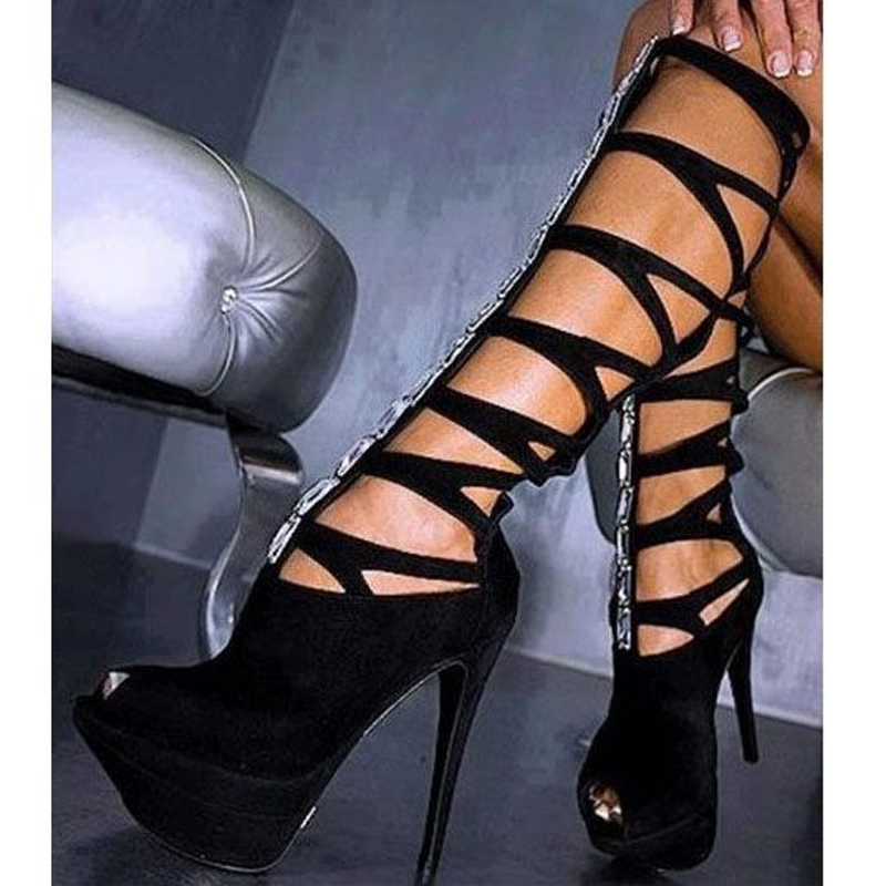VCSHOES Glitter Rectangle Rhinestone Cross Strap Cutout Knee Boots Peep Toe High Platform Stiletto Heels Woman Sandals Boots