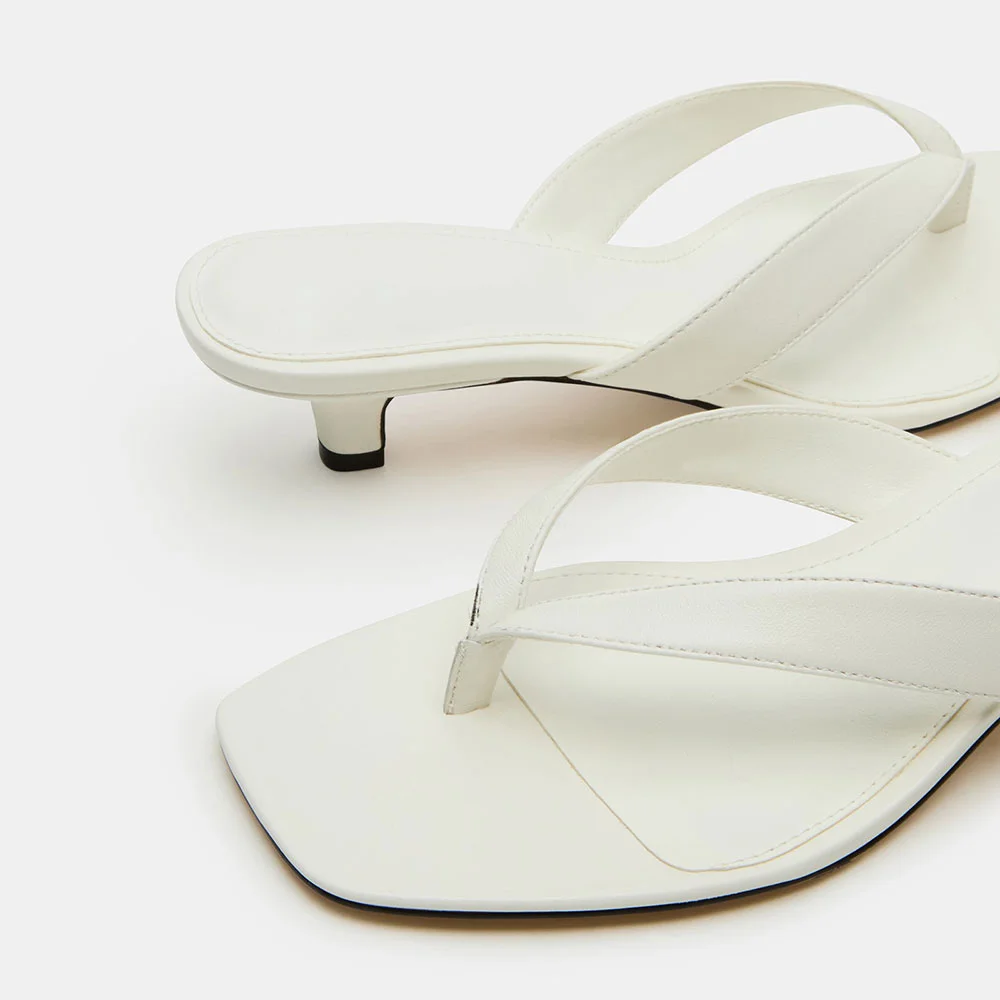 White Vegan Leather Open Toe Flip Flop Kitten Heel Mules Sandals