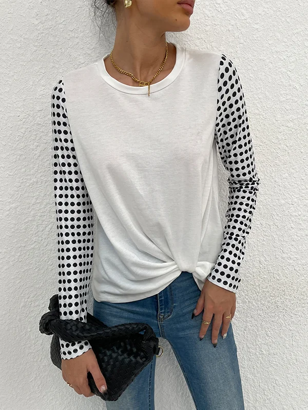 women's round neck pullover polka dot stitching bottoming shirt