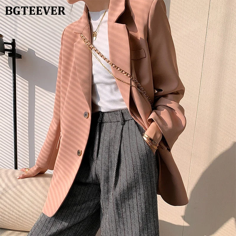 BGTEEVER 2021 Spring Autumn Solid Jacket Women Suits Single-breasted Pink Blazer Office Ladies Formal Blazer Female Outwear