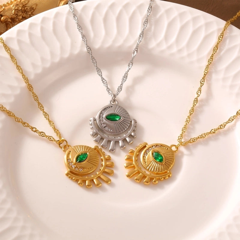 Retro Minimalist Round Eye 304 Stainless Steel Zircon 18K Gold Plated Inlay Pendant Necklace