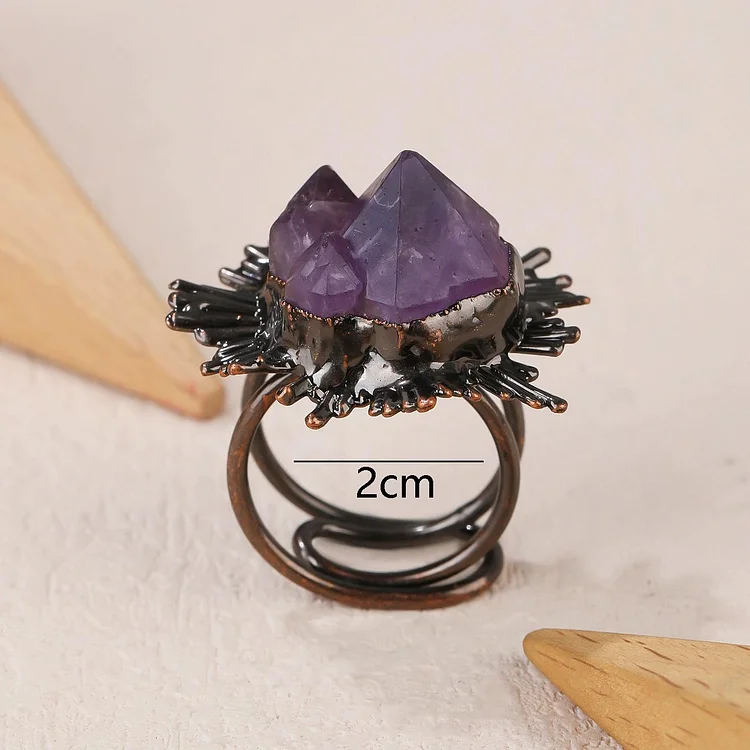 Natural Amethyst Retro Bronze Plated Flower Adjustable Open Ring