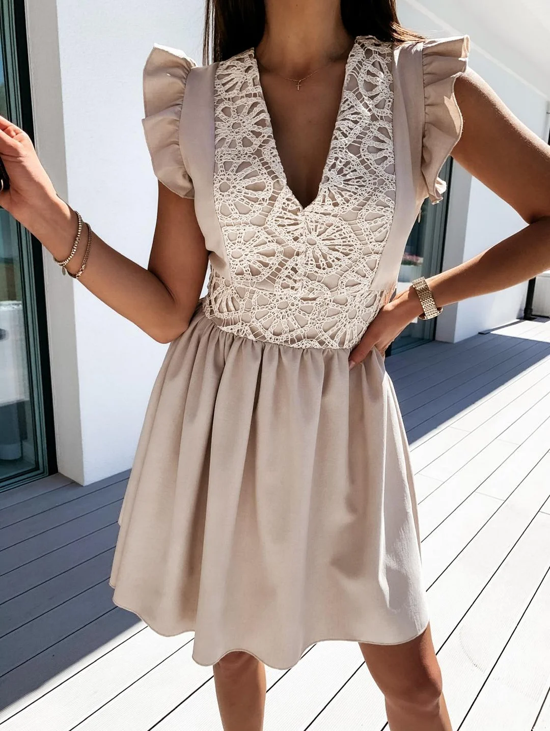 Deep V Ruffle Short Sleeve Lace Dress 2023 Summer Women Dresses Slim Lace-up Back A Line Midi Holiday Dress Sundress Robe