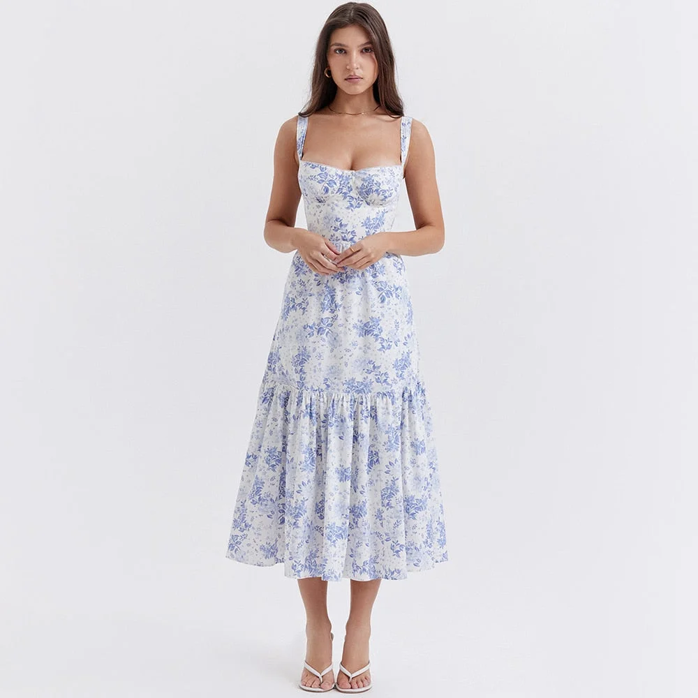 Peneran Blue Midi Floral Print Women's Summer Dress Elegant Long Casual Holiday Party Dress Streetwear New In Dresses 2023