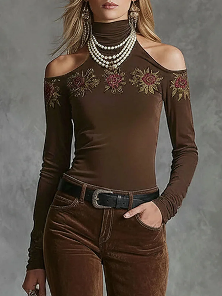 【24-hour shipping out】High-neckoff-shoulder Rose-embroidered All-cotton Long-sleeved T-shirt