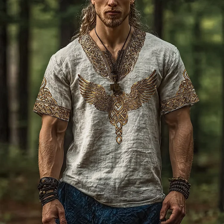 Retro Nordic Mythology Men's V-neck Cotton And Linen T-shirt