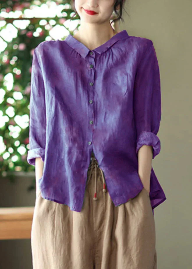 Retro Peacock purple Peter Pan Collar Print Button Wrinkled Shirts Long Sleeve