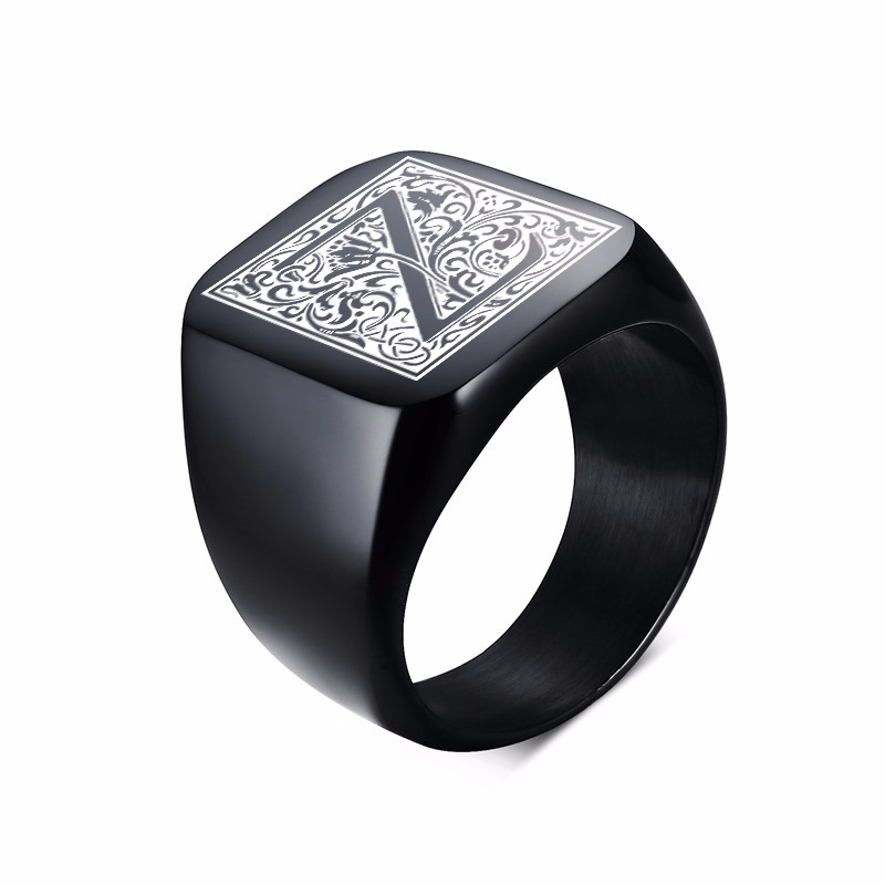 MONOGRAM SIGNET RING STAINLESS STEEL BIKER RINGS FOR MEN MONOGRAM FANCY INITAL SQUARE FLAT TOP BAND IN BLACK