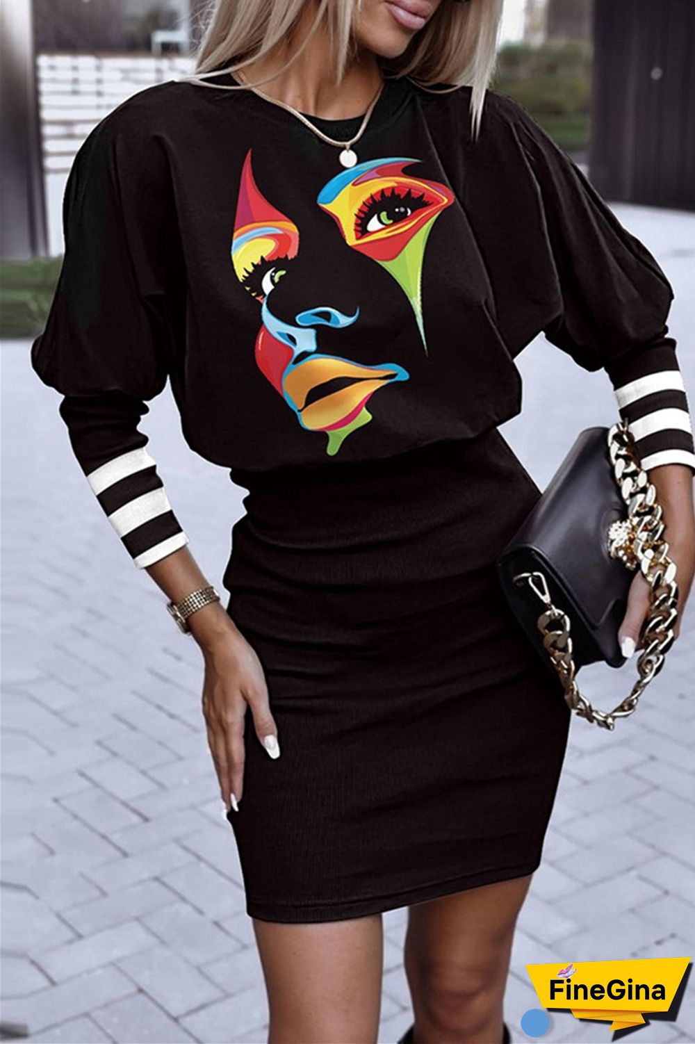 Dark Brown Casual Print Patchwork O Neck Long Sleeve Dresses