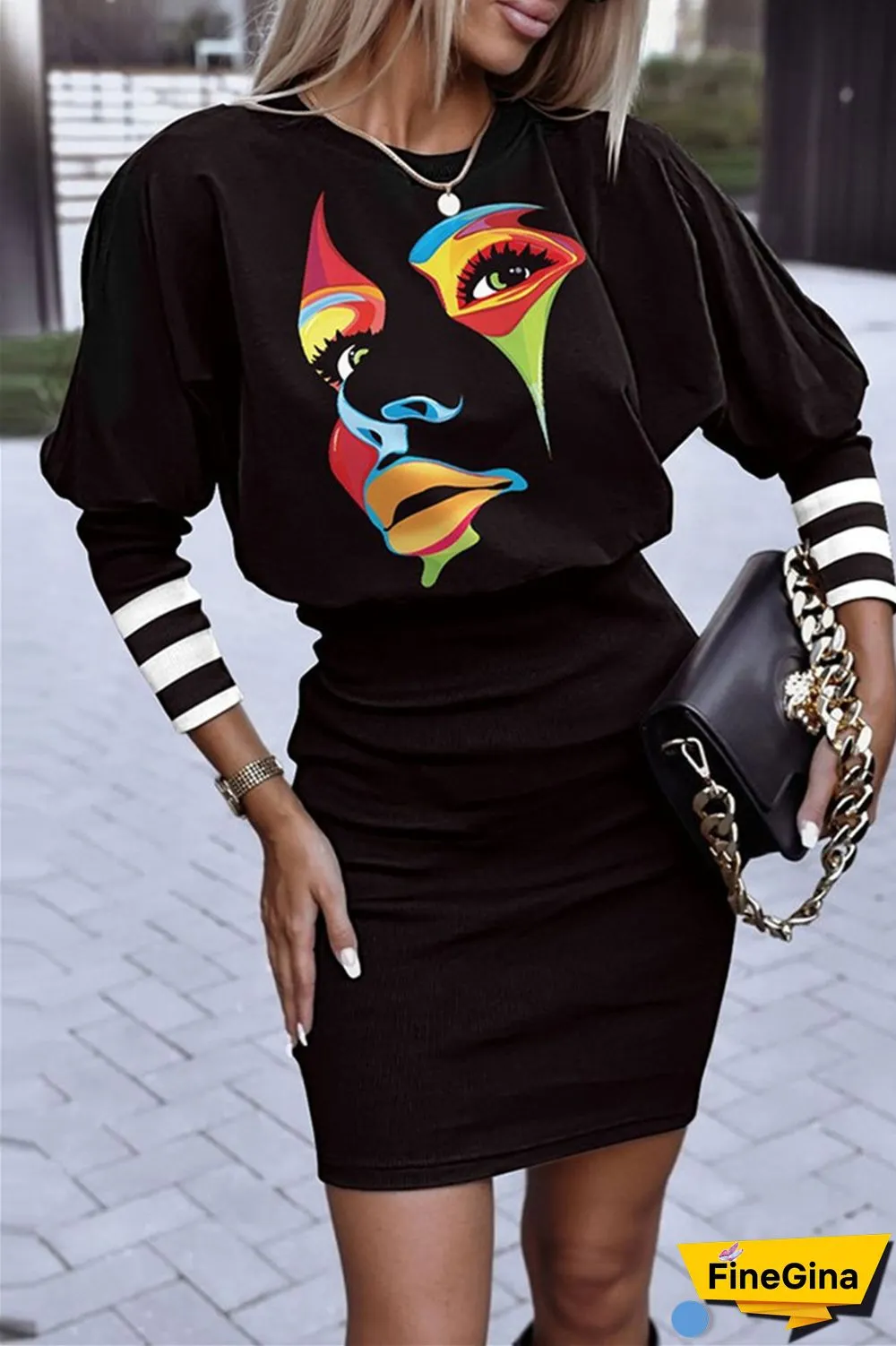 Dark Brown Casual Print Patchwork O Neck Long Sleeve Dresses