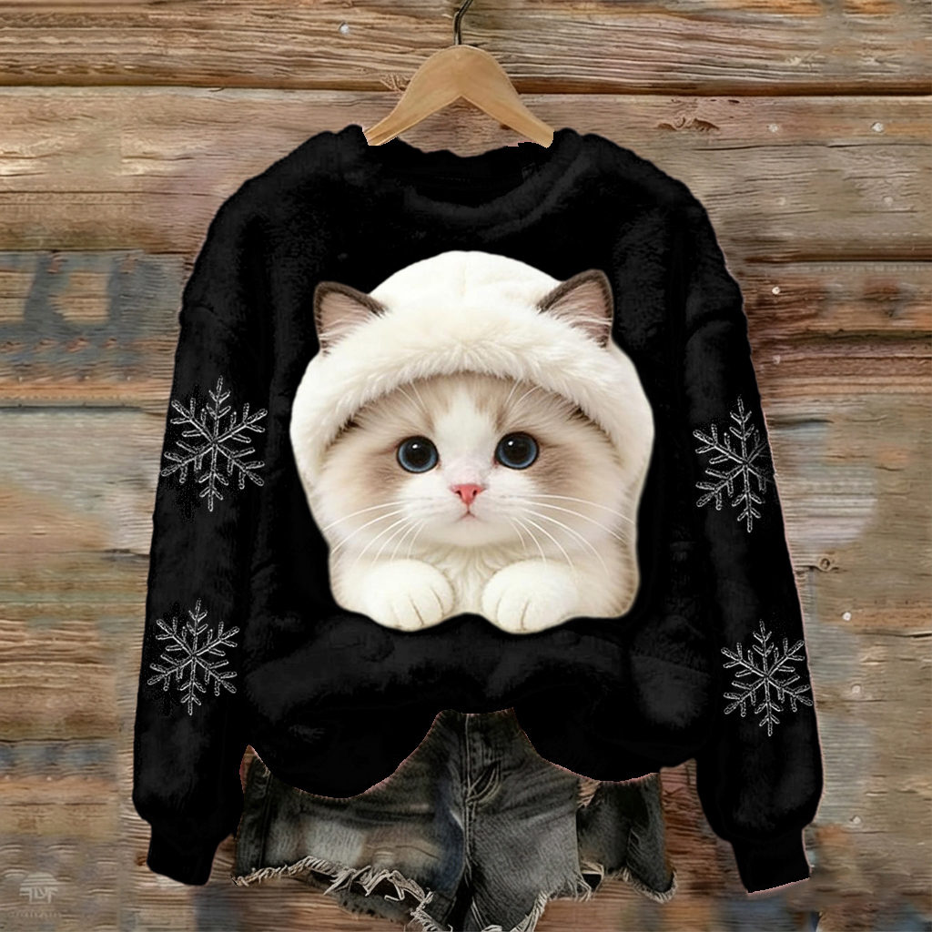 Cat Pocket Flannel Crewneck Sweatshirt wearshes
