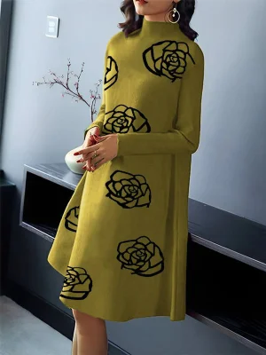 Image of A-Line Long Sleeves Flower Print Mock Neck Midi Dresses