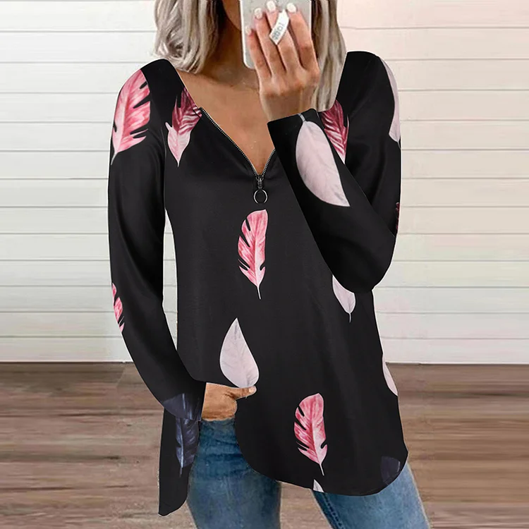 Wearshes Feather Printed Zipper V Neck Long Sleeve T-Shirt
