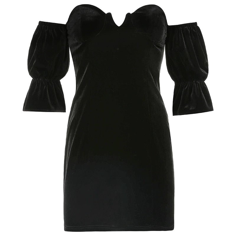 Sweetown Dark Academia Velvet Goth Dress Women Puff Sleeve Ruffles Girl Gothic Clothes Slash Neck Sexy Bodycon Mini Dresses