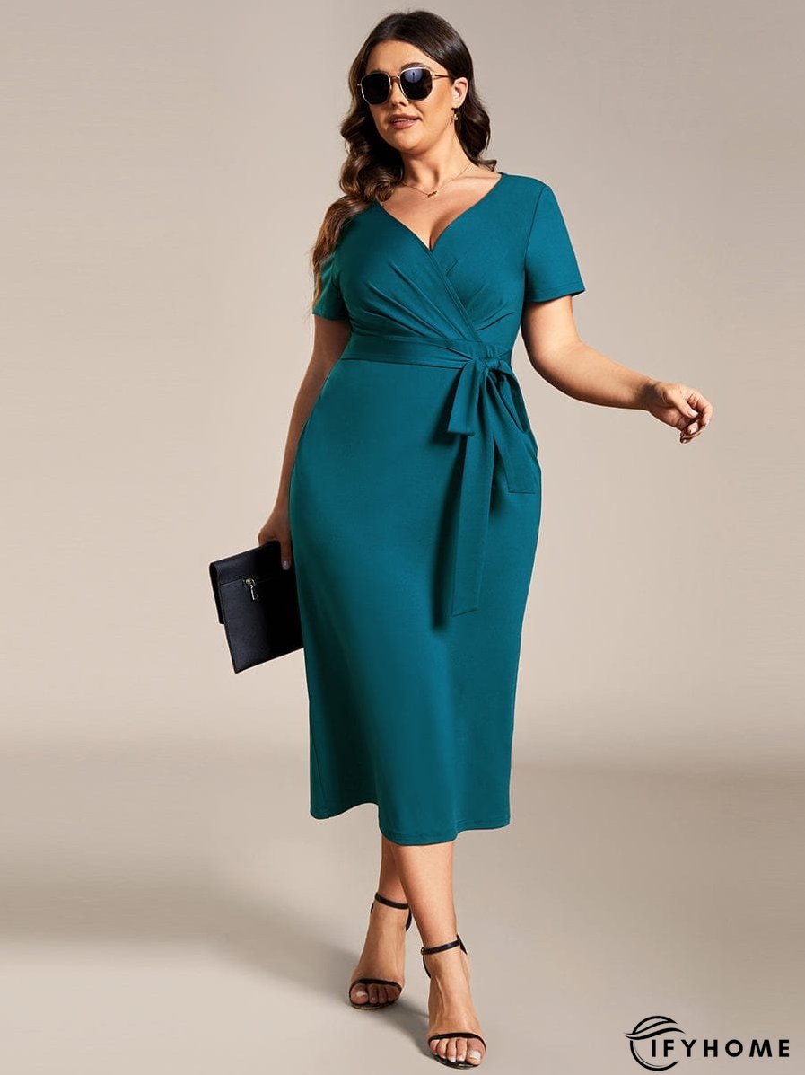 Elegant Deep V Neck Short Sleeve Cocktail Dress with Waist Belt | IFYHOME