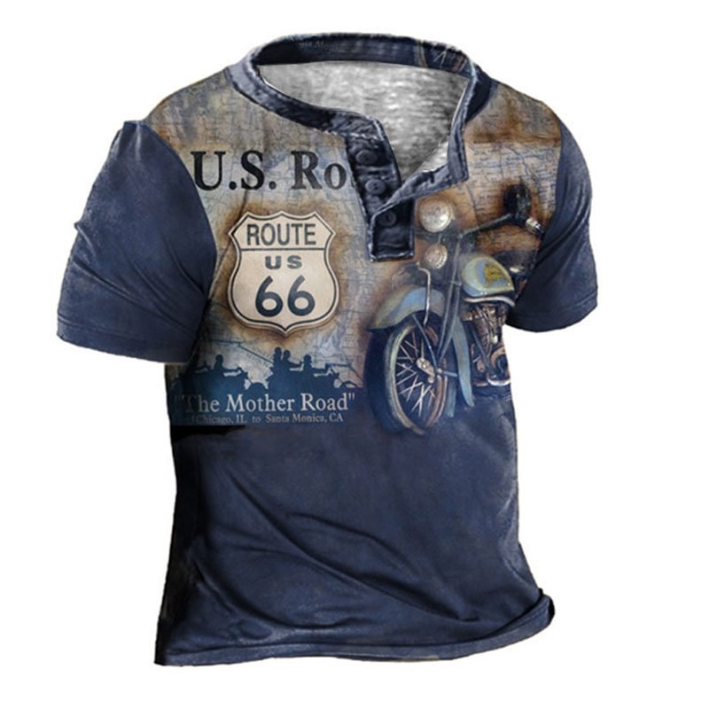 Men's Retro Route 66 Motorcycle Print Short Sleeve Henley T-shirt