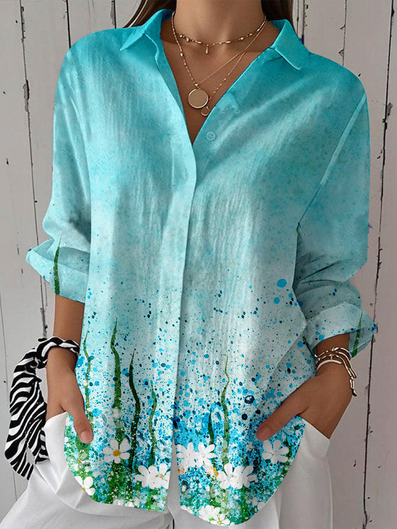 Women Long Sleeve V-neck Graphic Floral Printed Top