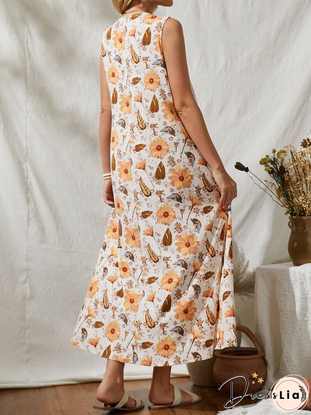 Flower Leaves Print V-neck Sleeveless Women Loose Maxi Dress