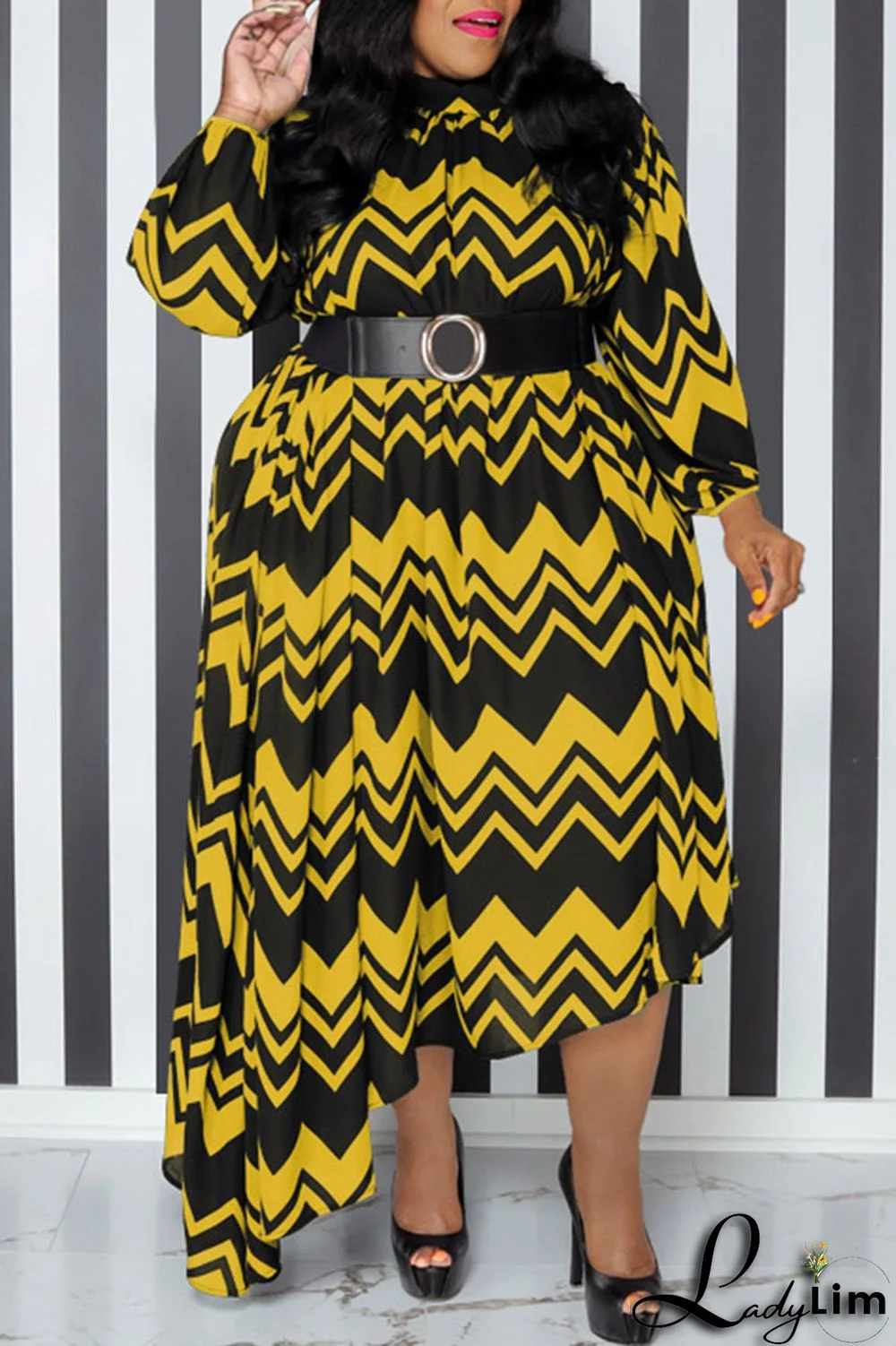 Yellow Casual Print Patchwork With Belt O Neck Irregular Dress Plus Size Dresses