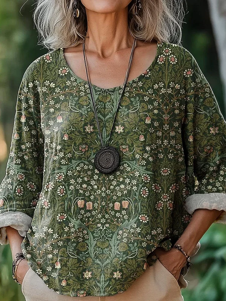 Women's Vintage Lovely Floral Art Print Casual Cotton And Linen Shirt