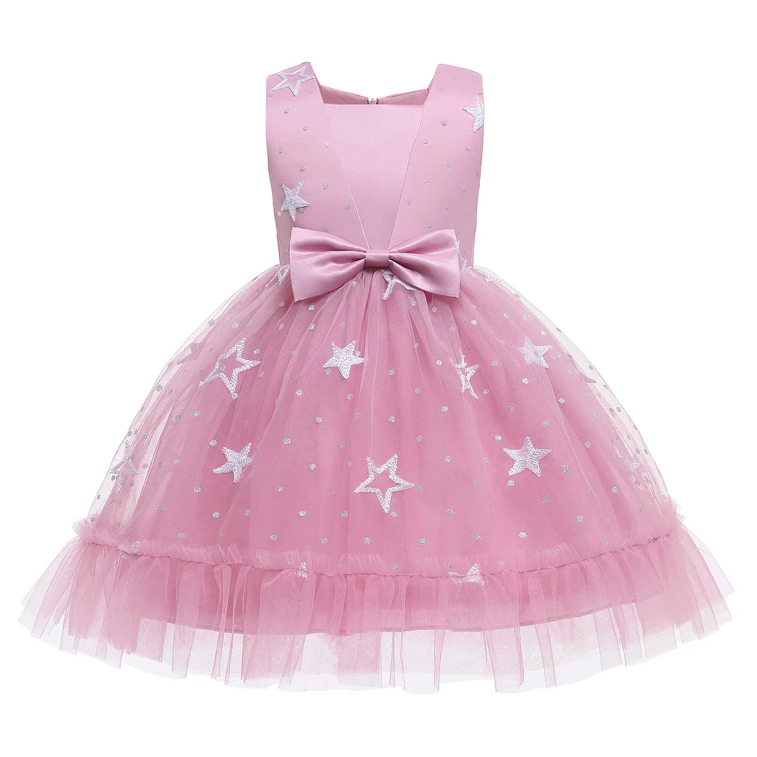 Buzzdaisy Solid Color Princess Dress For Girl Boat Neck Star Bow-Knot Sleeveless Machine Wash Cotton Christmas Gifts