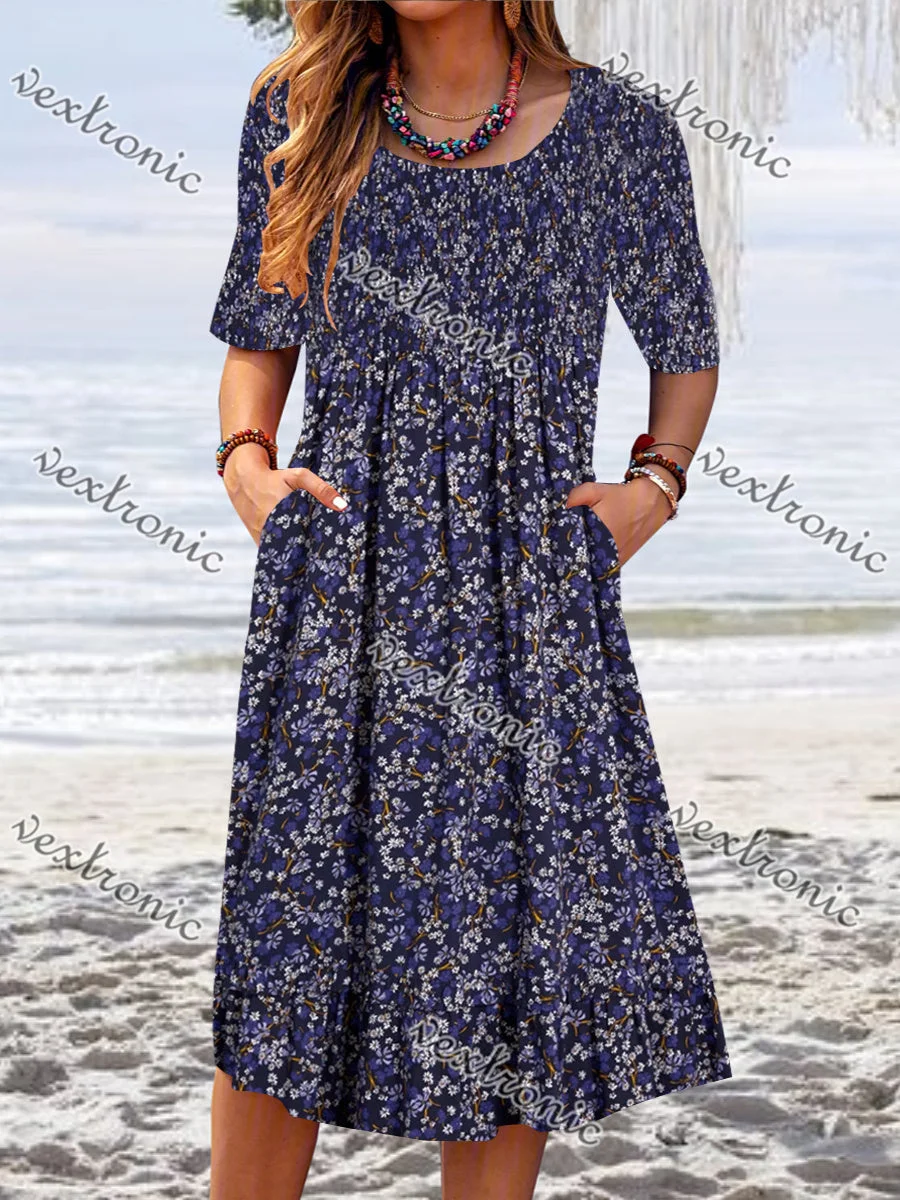 Women Short Sleeve Scoop Neck Floral Printed Graphic Pockets Midi Dress