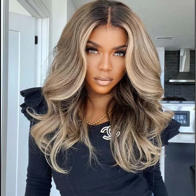 Brown Mixed Blonde Long Wigs Remy Wave Hair