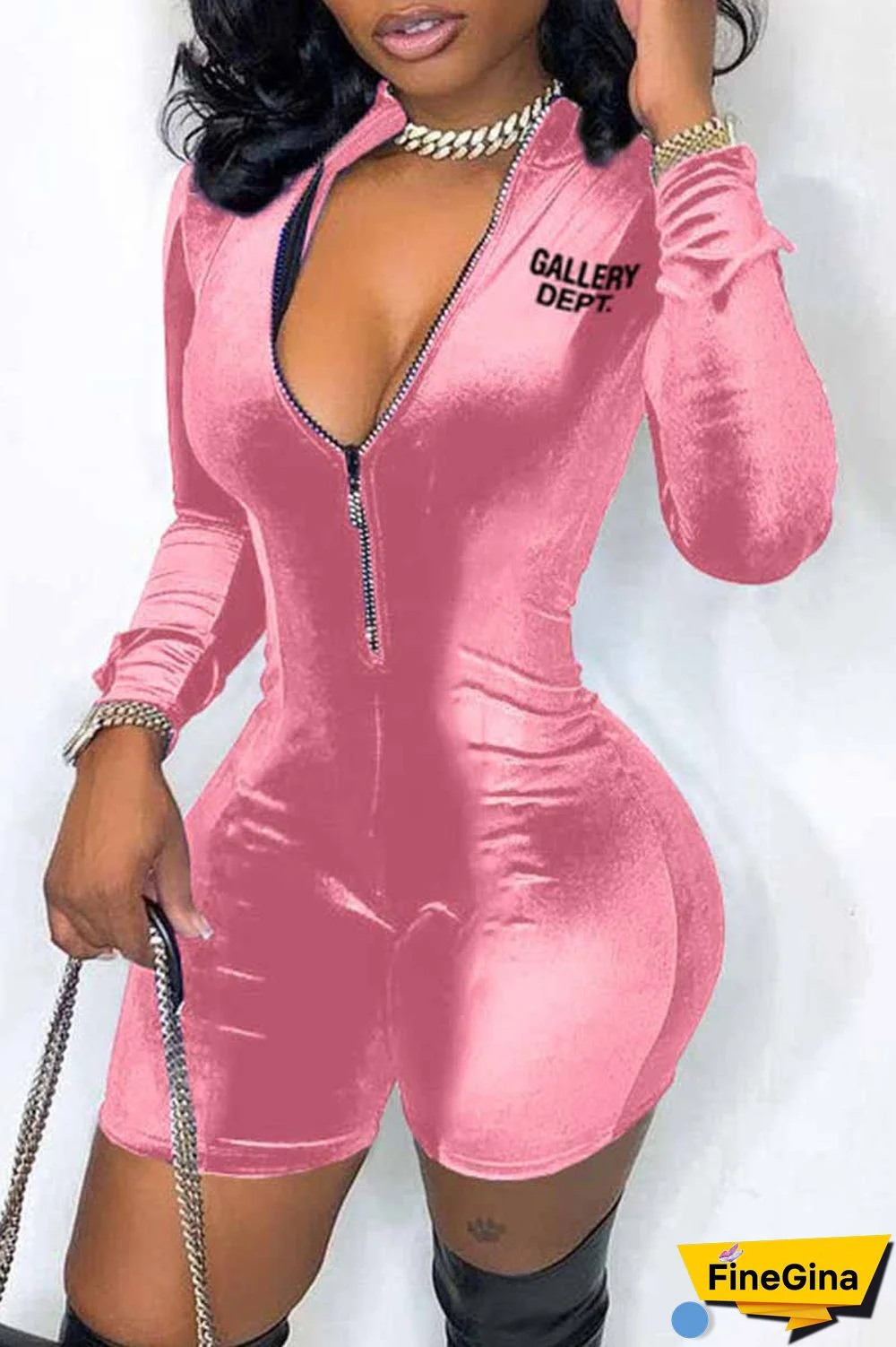 Pink Casual Print Letter Zipper Collar Jumpsuits