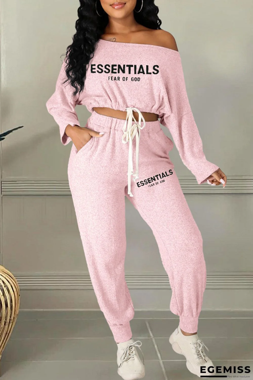 Pink Casual Letter Print Frenulum Off the Shoulder Long Sleeve Two Pieces | EGEMISS