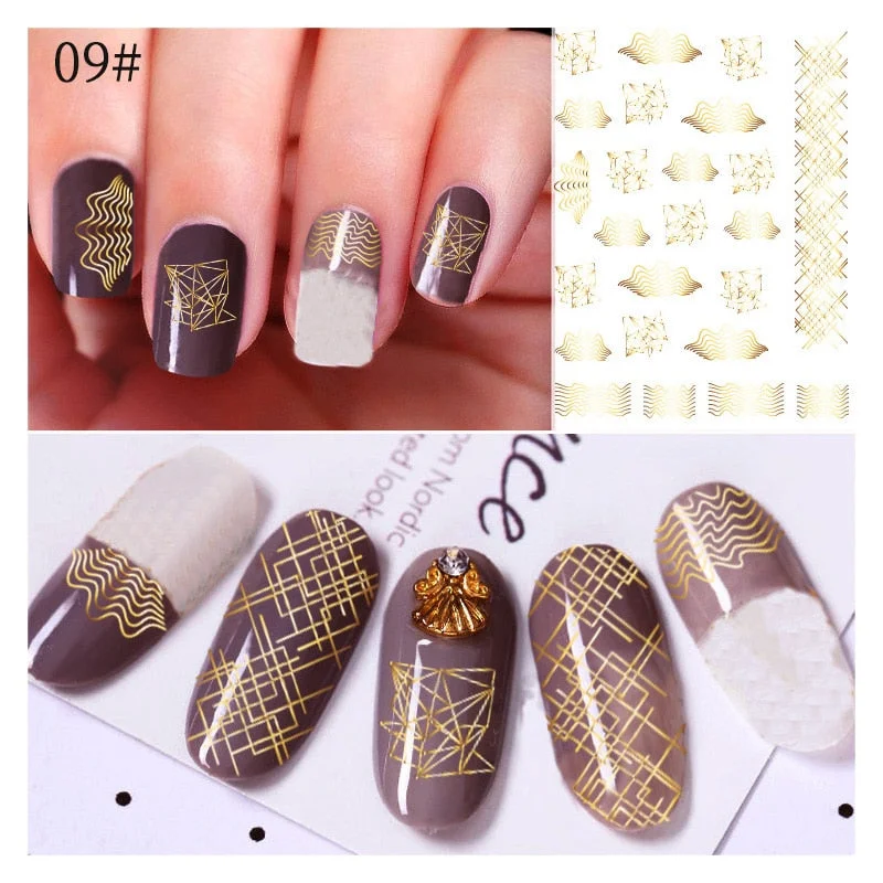 1 Sheet Gold Bronzing Stripe Lines Nail Stickers 3D Net Line Tape Self Adhesive Sliders DIY Manicures Decorations