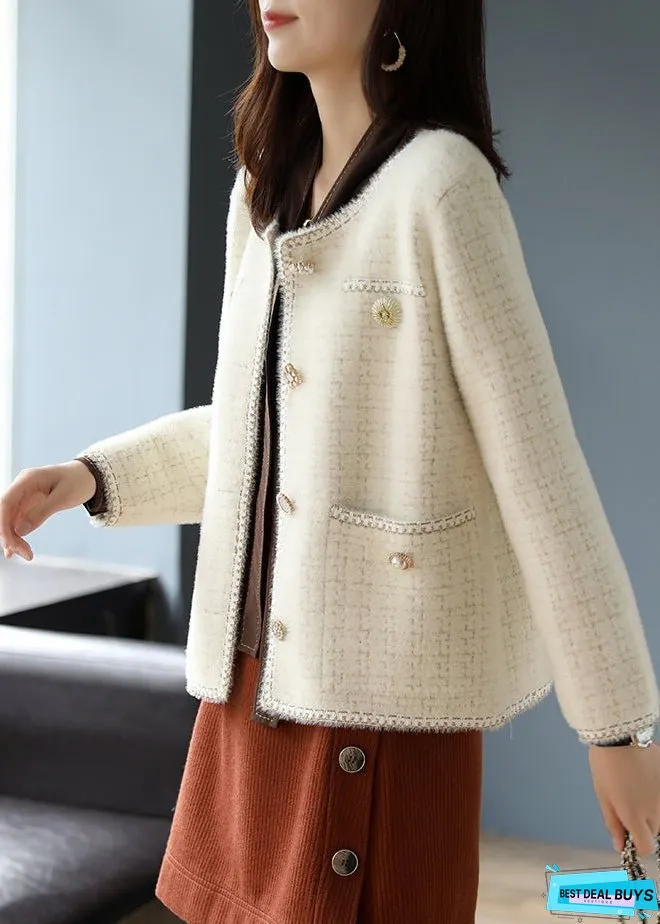 Women Beige O-Neck Plaid Cotton Coats Spring
