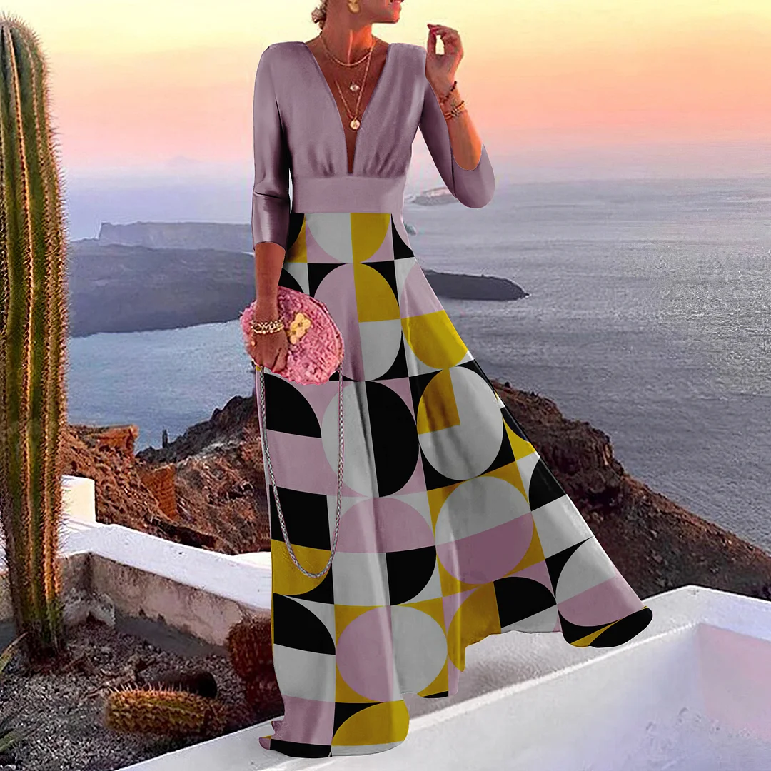 V-Neck Round Geometric Contrast Maxi Dress