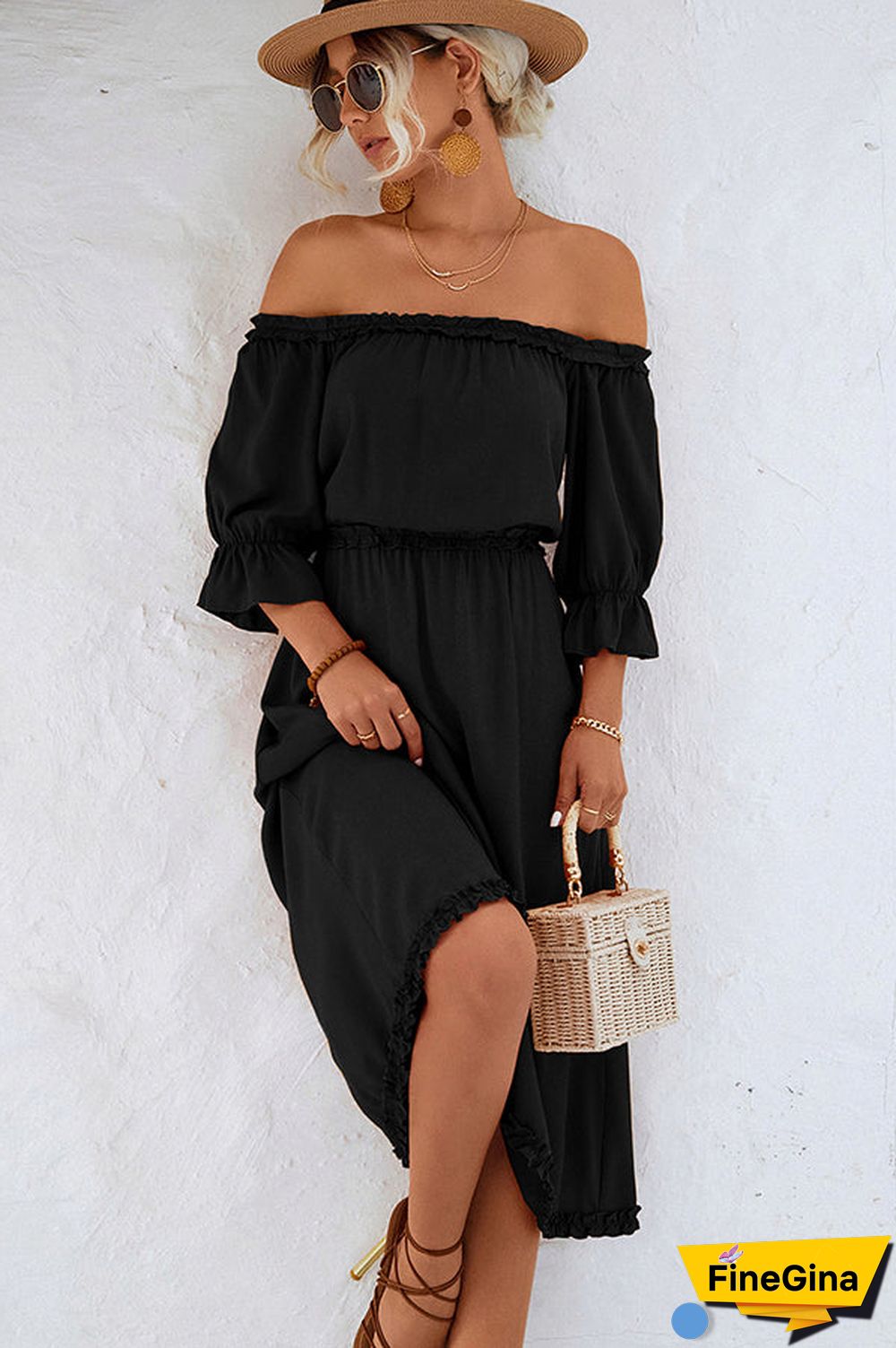 Solid Color Off The Shoulder Frill Casual Dress