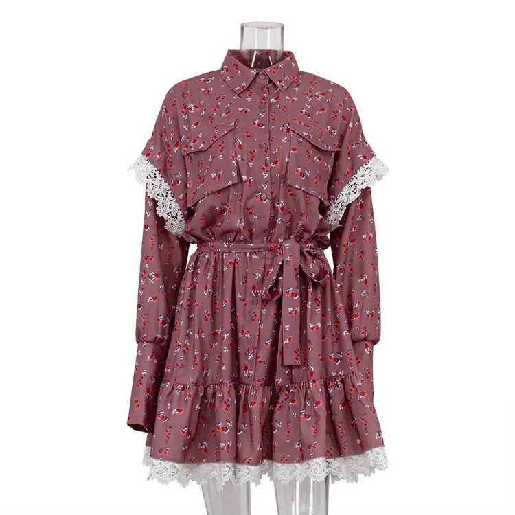 Ueong Ueong Women's Fall 2023 New Floral Spliced Dress Fashion Lapel Long Sleeve With A-Line Dress