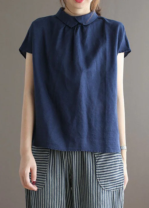 Simple Navy Peter Pan Collar Button Patchwork Linen Top Summer