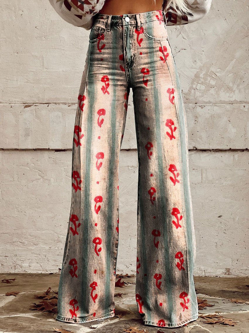 Women's Vintage Flowers Print Casual Wide Leg Pants