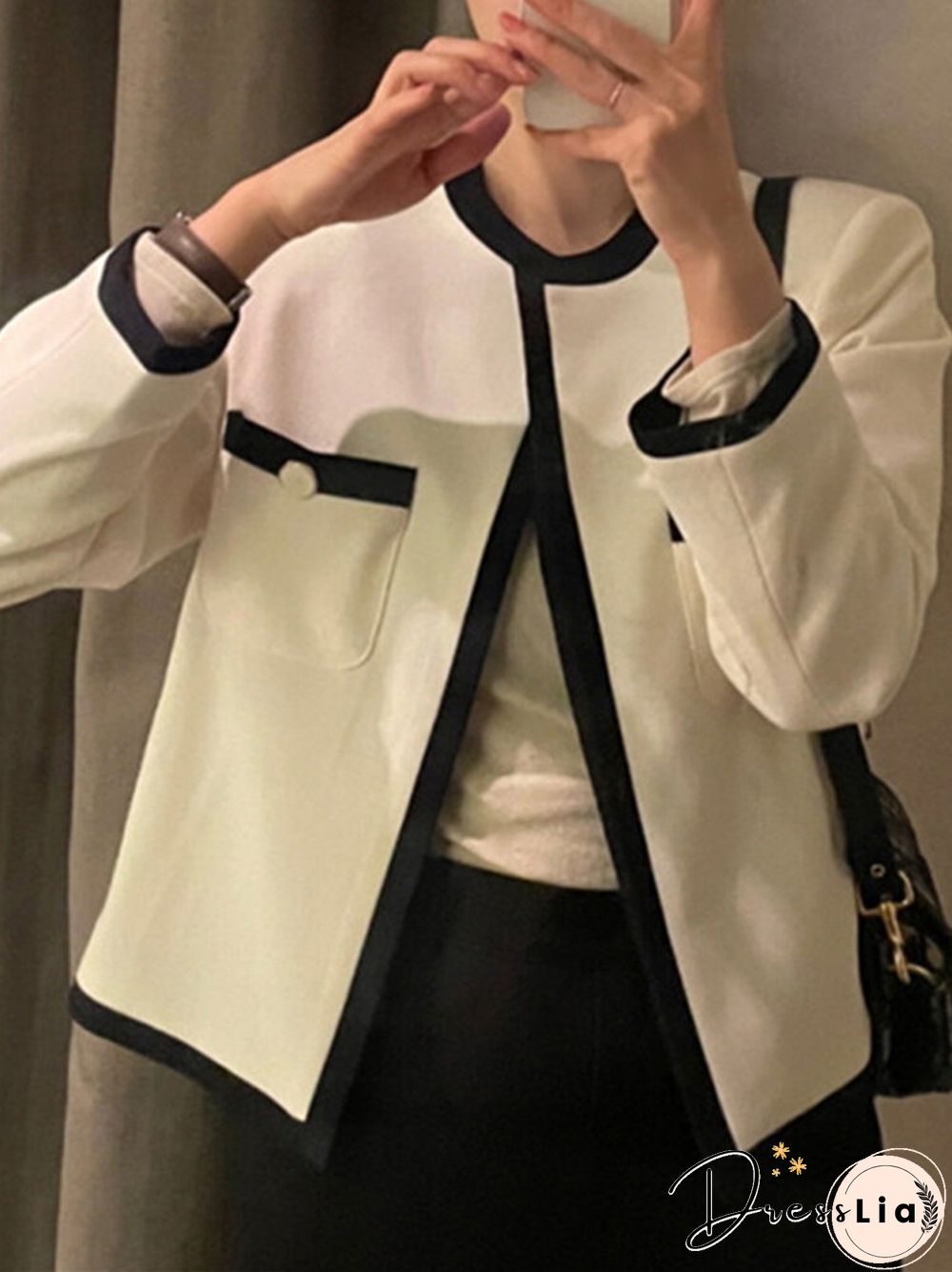 Contrast Color Open Front Long Sleeve Jacket For Women
