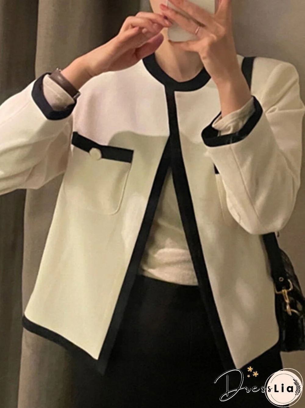 Contrast Color Open Front Long Sleeve Jacket For Women