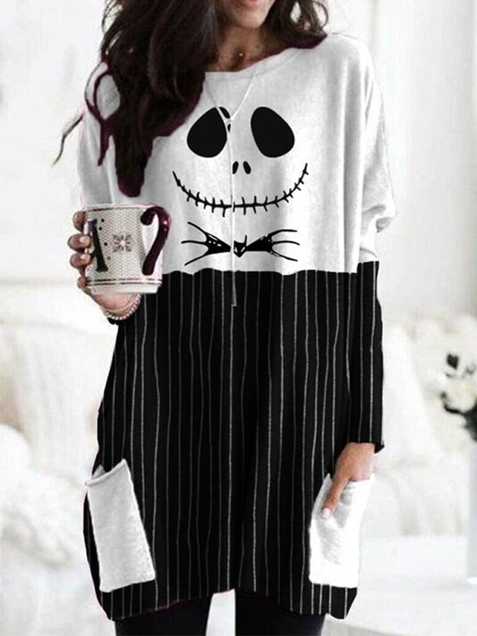 Halloween Pumpkin Face Check Print Pocket T-Shirt