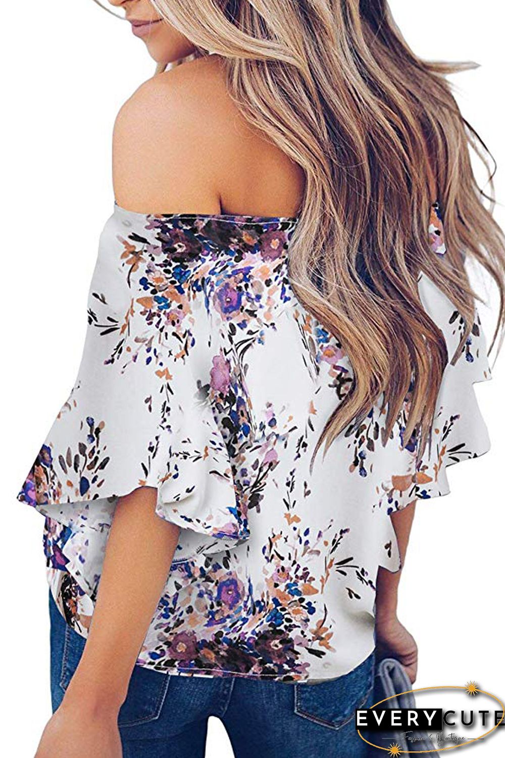 Purple Off Shoulder Floral Tie Front High Low Chiffon Blouse